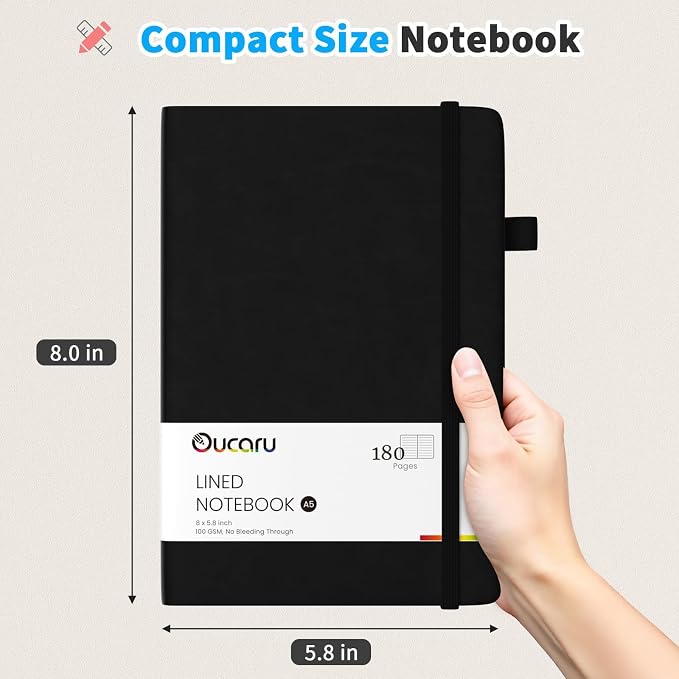 Oucaru Lined Journal Notebook, 2 Pack, 180 Pages, A5 Journals for Writing, 100 GSM Thick Paper, Small Notebooks Daily Journal for Women Men Work, Business, School, Travel Supplies