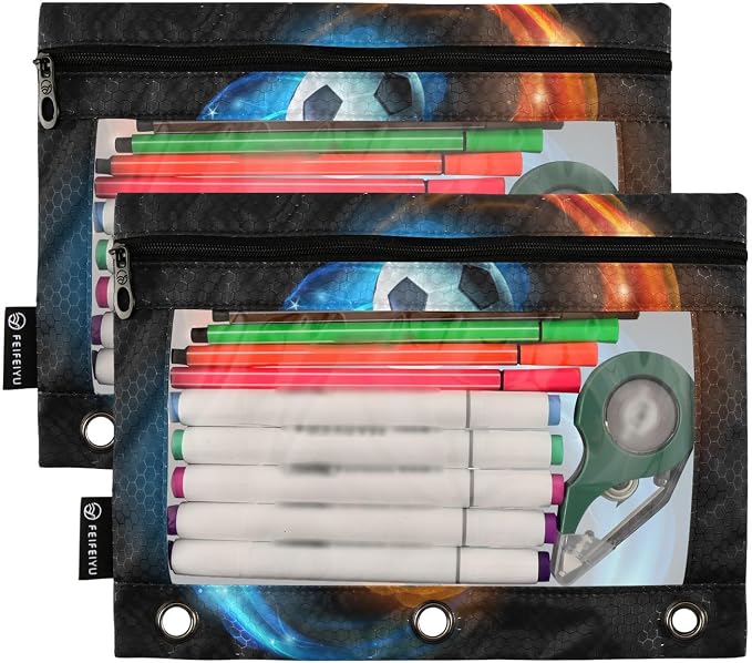 Soccer Ball Flames Print Pencil Pouch for 3 Ring Binder 2 Pack Binder Pencil Case with Clear Window Pencils Bags with Zipper for Office Daily College Home Supplies