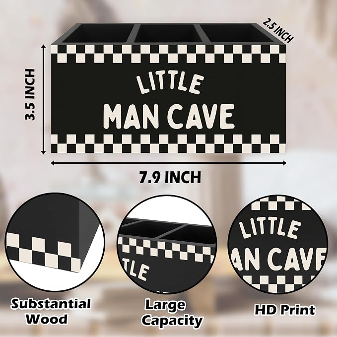 Boys Room Pen Pencil Holder Organizer for Desk, Little Man Cave Black Checkered Wooden Box Signs Decorations for Kids Boys Nursery Bedroom Playroom Desk Tabletop, Race Car Room Decor