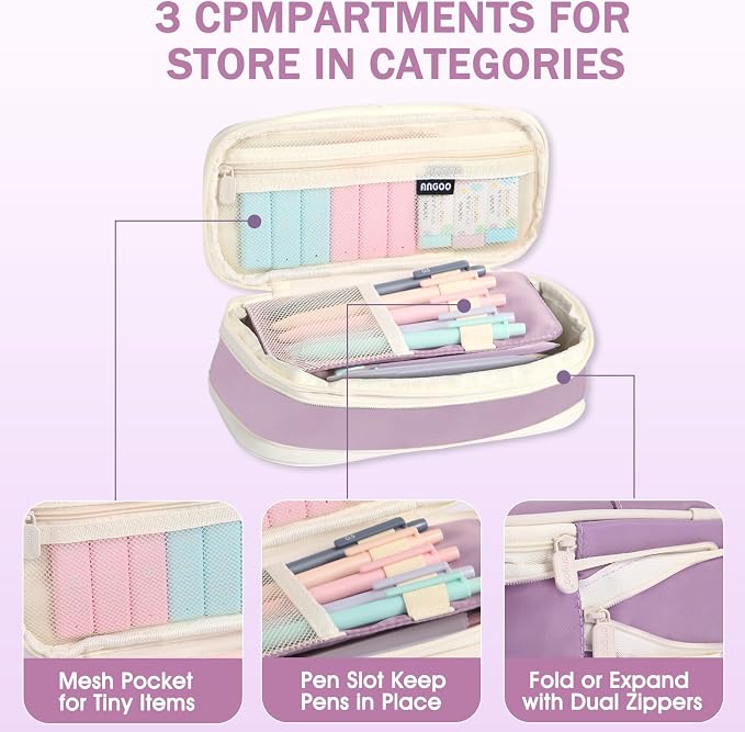 Aesthetic School Supplies with Cute Pencil Case, 12x Pastel Mechanical Pencils 0.5 & 0.7mm with 720x HB Leads, 4x Erasers and 1x Sticky Note, Suitable for Writing, Drafting Drawing Sketching(purple)