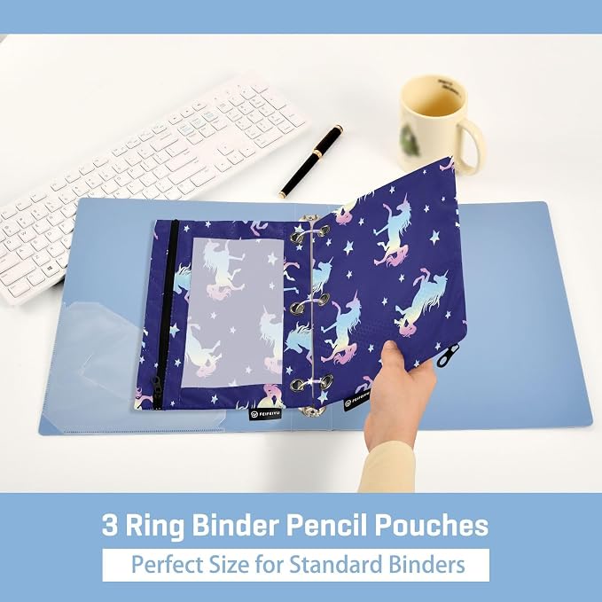 Magic Horse Pencil Pouch Fits standard 3-ring binders, Zipper Binder Pencil Bag with Clear Window for Class Office 2 Pack