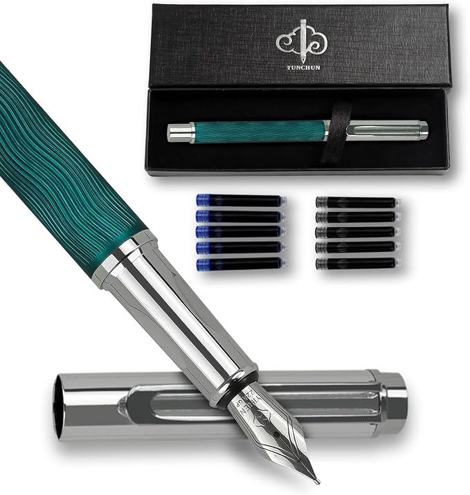 YUNCHUN Fountain Pen Set for Men Women, Streamline Design Refillable Pen with Medium Nib, 20 Ink Refills (10 Black + 10 Blue), Smooth Writing Gift, Green