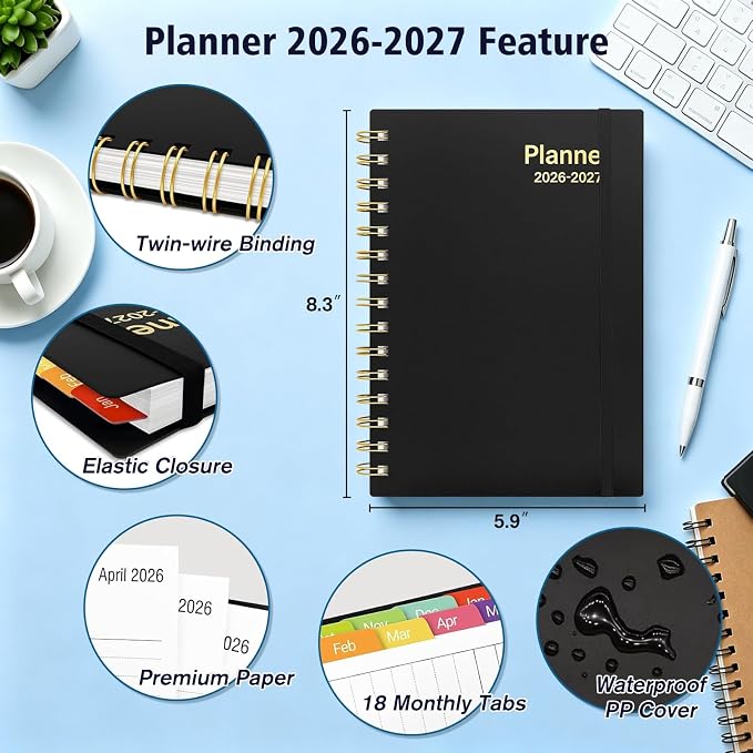 Daily Planner 2026-2027, 18 Month Planner with Tabs, July 2026 - December 2027 Weekly and Monthly Agenda Year Calendar Spiral Time Management, 100GSM Thick Paper, Twin-Wire Binding, A5 Size, Black