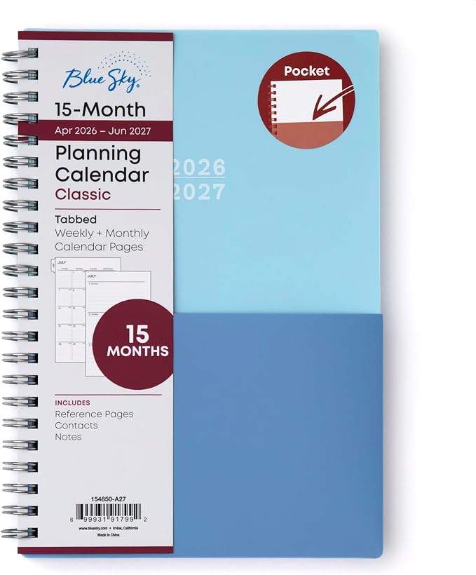 Blue Sky 2026-2027 Weekly & Monthly Academic Planner, 5"x8", Blues | 15-Month April 2026 - June 2027, Flexible Cover With Storage Pockets, Wirebound, Storage Pocket, Academic Year