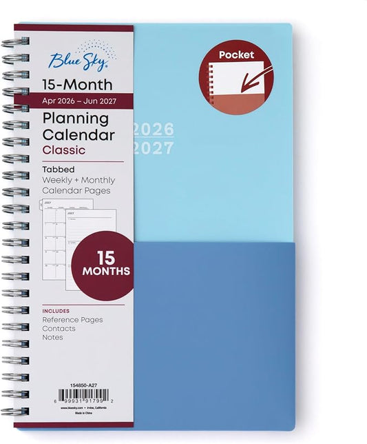 Blue Sky 2026-2027 Weekly & Monthly Academic Planner, 5"x8", Blues | 15-Month April 2026 - June 2027, Flexible Cover With Storage Pockets, Wirebound, Storage Pocket, Academic Year