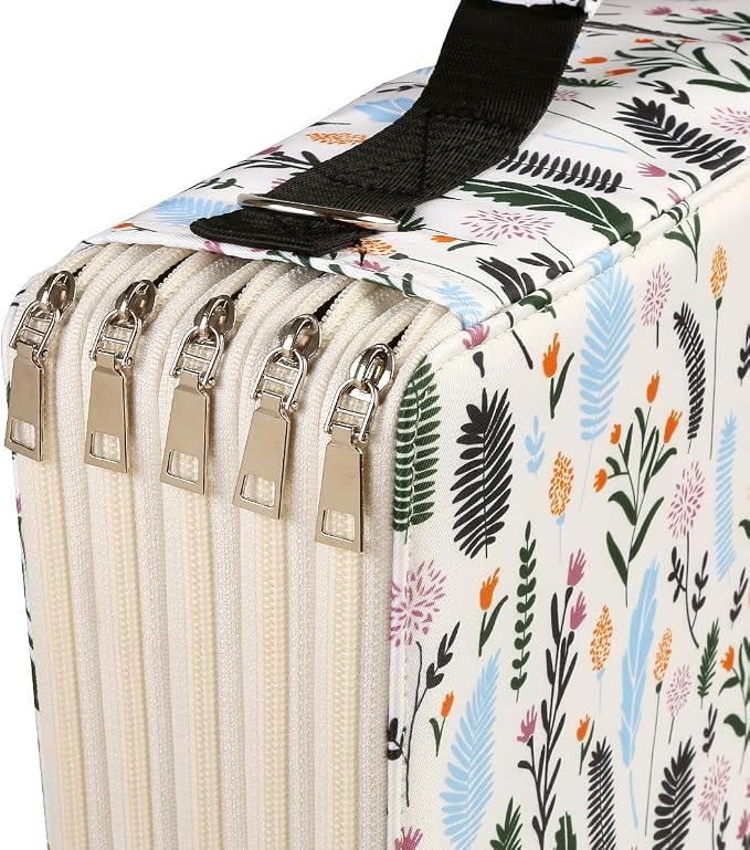 480 Slots Pencil Case, 5-Layer Organizer with Shoulder Strap | 5-layer twill oxford case with 480 elastic slots, carry handle, removable strap, and outer pocket for phone or keys.