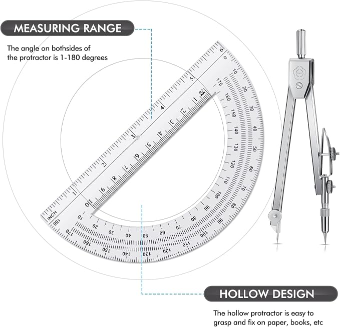 Zonon 3 Pcs Plastic Ruler 6 Inch Protractor Drawing Compass Set, Student Geometry Math Transparent Measuring Tools for Home School Classroom Office Supplies(6 Inch,Clear)