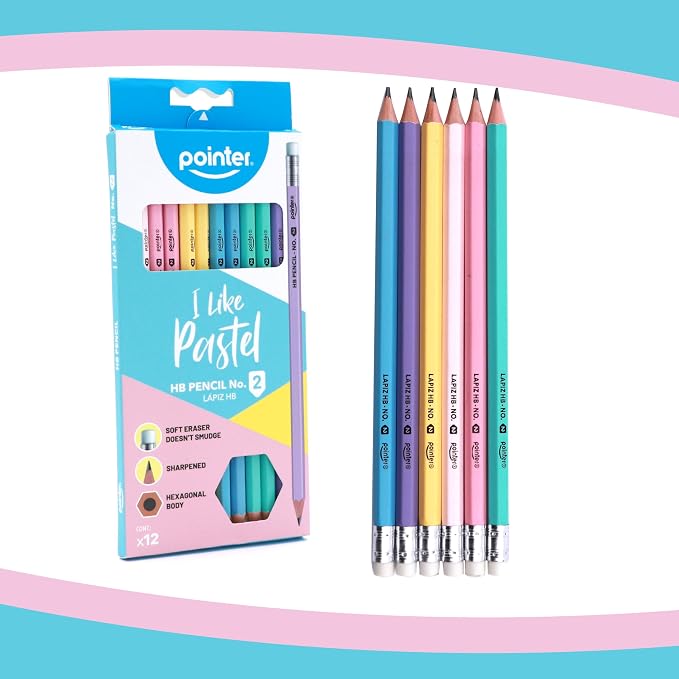 Pointer Pastel HB Pencils with Soft Eraser, Hexagonal Body, Pre-Sharpened, Assorted Colors, 12 Count | #2 HB Writing Core Pre-Sharpened Tips Built-In Erasers Hexagonal Anti-Roll Design Back to School Essential