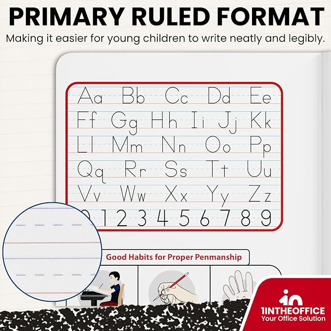 1InTheOffice Primary Composition Notebook K-2, Primary Journal, Kindergarten Notebook, 7.5" x 9.75", 100/Sheets, Red/Black Marble, 2 Pack