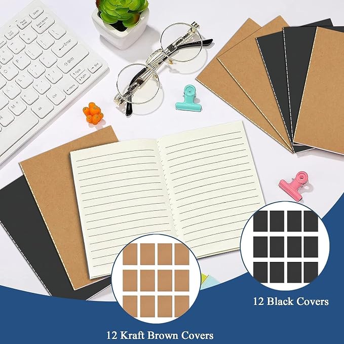 24 Pack Small Notebook, 3.5x5" 36 Lined Page Pocket Notebook Journals Bulk | Black & Brown Mini Notebook Soft Cover Kraft Note Pads Small Journal for Kids for Party Favors Church Gifts Writing Drawing
