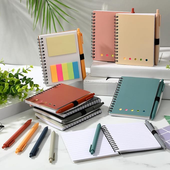 Chuangdi 20 Sets Lined Spiral Notebooks with Sticky Notes and Bamboo Pens, Back-to-school Gifts for Office Teachers Staff, Boho Notebook with Pen Bulk Gift (Ethnic)