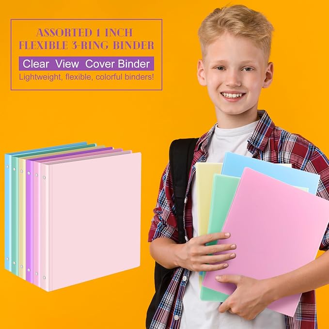 Fulmoon 6 Pack Plastic 3 Ring Binder Assorted Colors Economy Flexible Round Ring Presentation Binders with Pocket for Office School Meeting(1 Inch,Pastel Colors)
