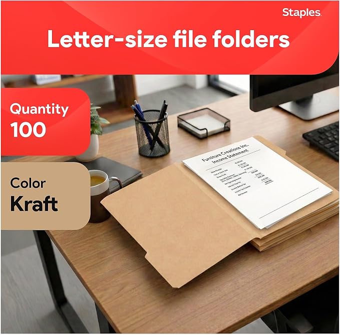 Staples Colored File Folders, Letter Size, 3‑Tab Top‑Tab Design, Kraft, Durable Paper Stock, 100/Pack