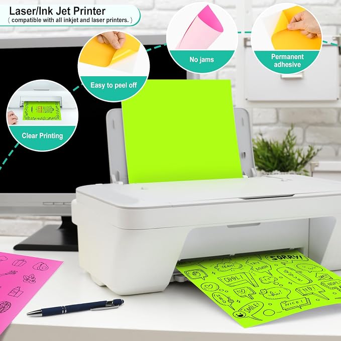 L LIKED 30 Fluorescent Full-Sheet Labels, 8-1/2" x 11" Neon Colored Self Adhesive Labels for Laser & Inkjet Printers - Green, Orange, Pink - 30 Sheets