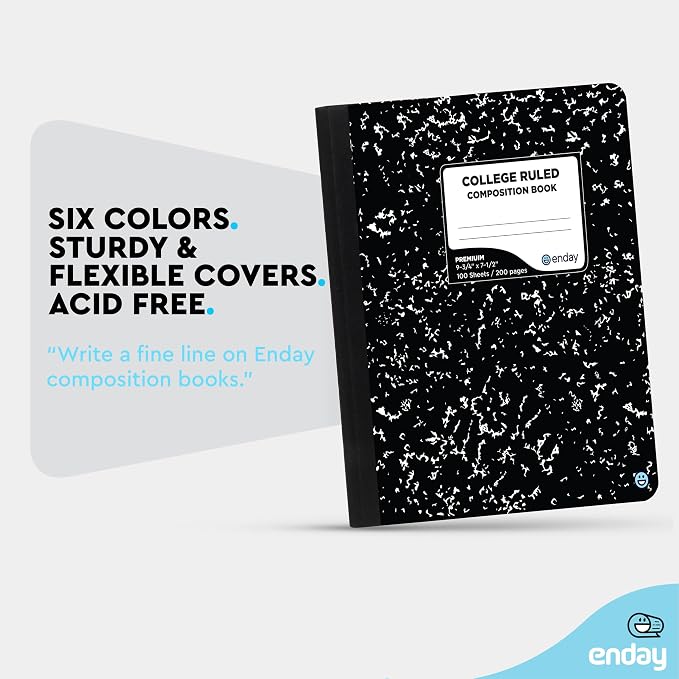 Enday Composition Notebook Hard Cover Marble composition notebook, 100 Sheets, Composition Notebooks, White Paper Composition books, Black and white composition notebook. (12 Pack, College Ruled)