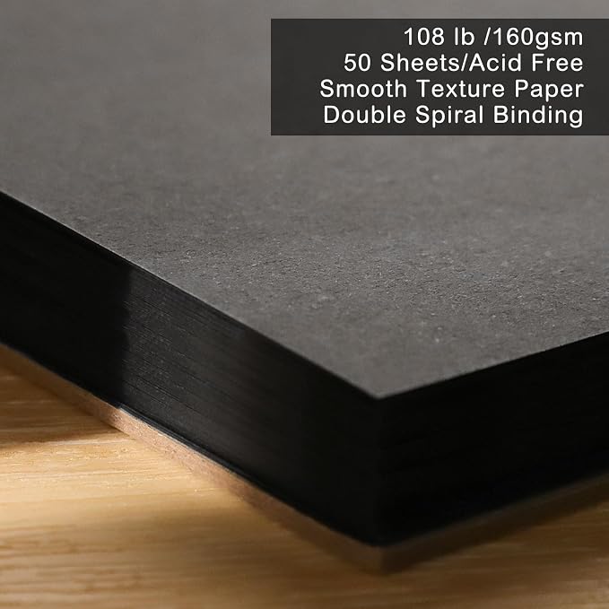 Black Paper Sketchbook 9 × 12 in, 50 Sheets, 160gsm, Spiral Bound | Acid-Free Black Paper, Heavyweight 108 Lb, Clean-Tear Pages, Hardcover, for Colored Pencil, Chalk & Gel Pens