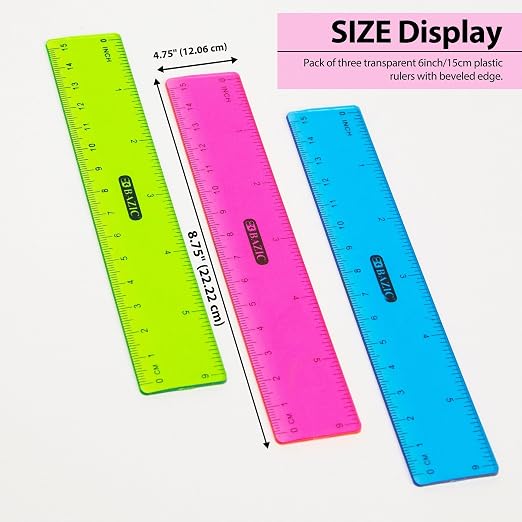 BAZIC Products 6 in Clear Plastic Ruler, Inch & Metric, 3 Pack, 24-Box | Three transparent plastic rulers, 6 in (15 cm), beveled edge and clear inch and centimeter marks