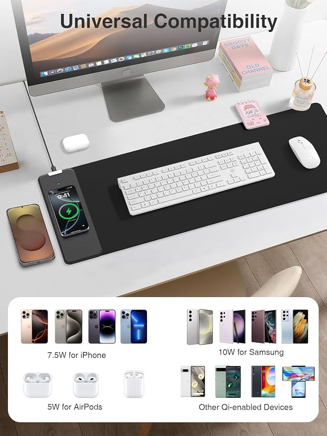 Wireless Charging Mouse Pad, 31.5"x11.8" Large Desk Mat, Smooth Glide | Waterproof Mousepad, Stitched Edge, Non-Slip Rubber Base, Desk Pad Computer Keyboard Mat, No Adapter