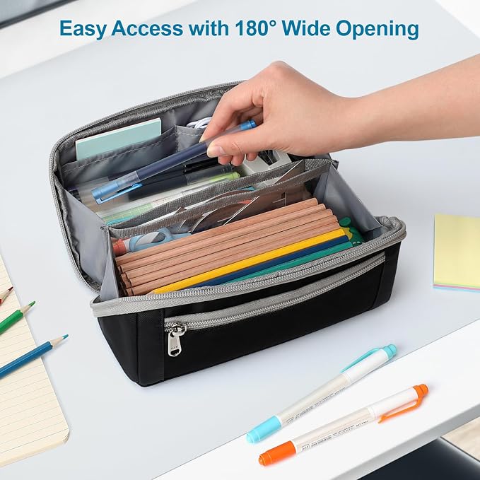 Large Capacity Pencil Case - Pencil Pouch for Teen Boys, Aesthetic Pouch Organizer with 8 Compartments, Wide Opening Marker Bag for Middle High School College, Fits Calculator, Black | Wide Open 8 Compartments, Flexible Dividers & Side Pockets, Handle,...