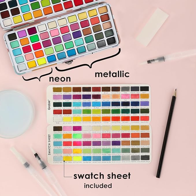 Grabie 100 Colors Watercolor Paint Set - 50 Regular, 35 Metallic, 10 Macaron and 5 Fluorescent Colors - Portable with Carrying Case, Water Brush Pens, and Accessories - For Beginners and Professionals, Set of 100