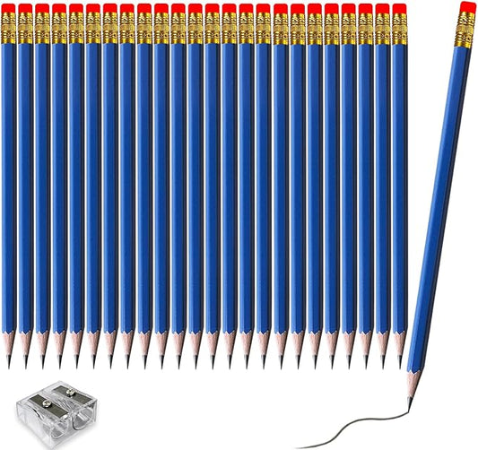 Adhere 25pcs Woodcase Pencils with Eraser Premium Pre-Sharpened Hexagon Graphite 2B pencils ideal for home, office writing including a Free Sharpener(Navy Blue・25pcs)
