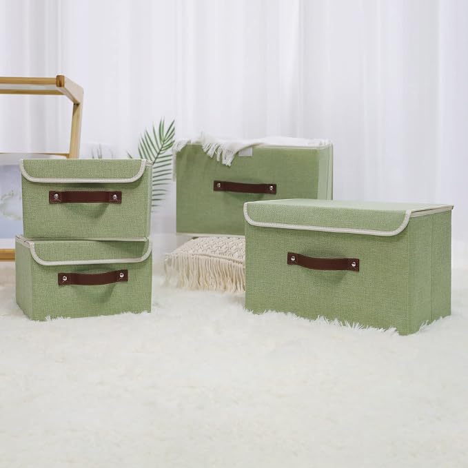 ANMINY Storage Bin with Lid Storage Boxes with PU Leather Handles PP Plastic Board Decorative Foldable Lidded Cotton Linen Fabric Home Cubes Baskets Closet Organizer Container - Green, Medium
