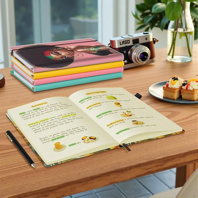 Hardcover Executive Notebooks, A5 PU Leather Lined Journal Notebook, 200 Pages Thick Paper Subject Notebooks for School,Work,Home Writing Business Notebook, Diary Book, African Black Girl