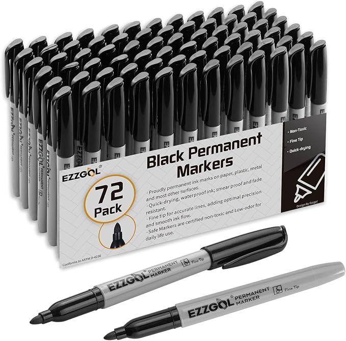 Ezzgol Permanent Markers Bulk, 72 Pack Black Permanent Marker Set, Fine Tip, Waterproof Markers, Premium Smear Proof Pens, Waterproof, Quick Drying, Office Supplies for School, Office, Home