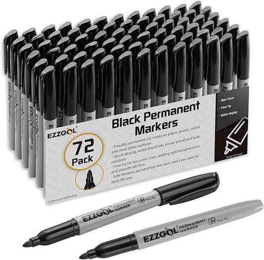 Ezzgol Permanent Markers Bulk, 72 Pack Black Permanent Marker Set, Fine Tip, Waterproof Markers, Premium Smear Proof Pens, Waterproof, Quick Drying, Office Supplies for School, Office, Home