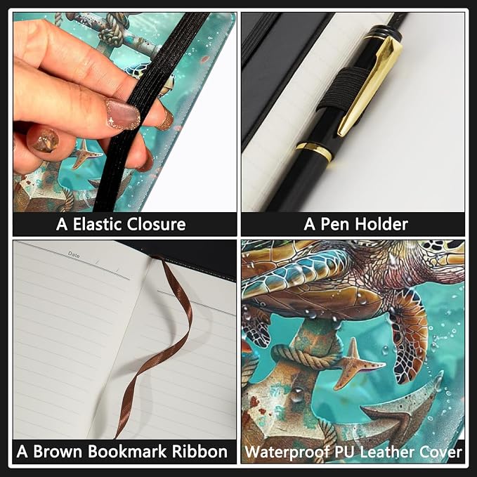 A5 Leather Lined Journal Notebook, 200 Pages Hardcover Executive Notebook for Men Women Office School Note Taking, Thick Writing Paper Daily Journal with Bookmarks/Indexes,Turtle Fish Anchor