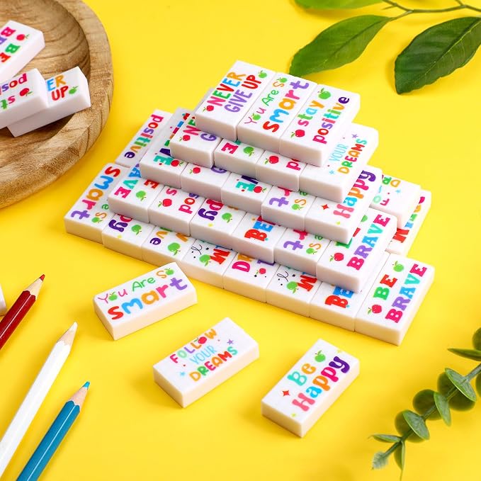 Dunzoom 100 Pcs Back to School Inspirational Pencil Erasers Bulk for Kids Fun Motivational Eraser School Office Supplies for Students Classroom Office Teacher Artists(Lovely)