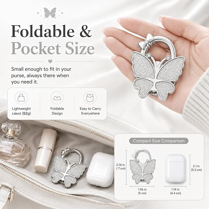 Purse Hook for Table, Foldable Handbag Hanger for Women, Portable Bag Holder with Non-Slip Base, Cute White Glitter Butterfly Purse Table Hook for Restaurant Office Travel Gift