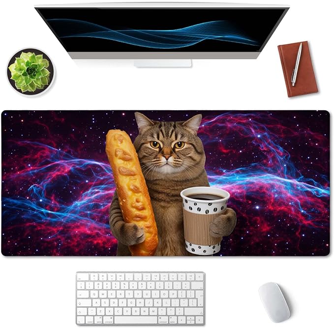 SSOIU Extended Mouse Pad, XXL Gaming Mouse Pads, Large Big Mousepad Laptop Computer Keyboard Mat Desk Pad with Non-Slip Base Stitched Edge for Gaming Office, 35.5 x 15.7 inch, Funny Cat