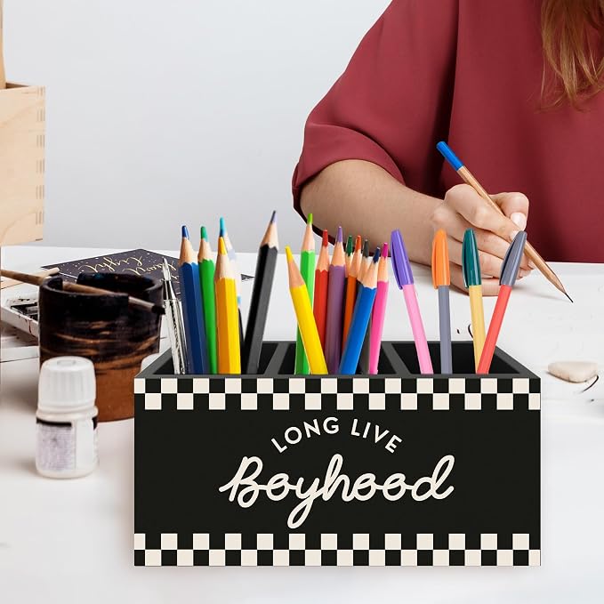 Boy Nursery Decor Pen Pencil Holder Organizer for Desk, Long Live Boyhood Black Checkered Wooden Box Signs Decorations for Kids Toddler Boys Room Bedroom Desk Tabletop, Boys Room Decor