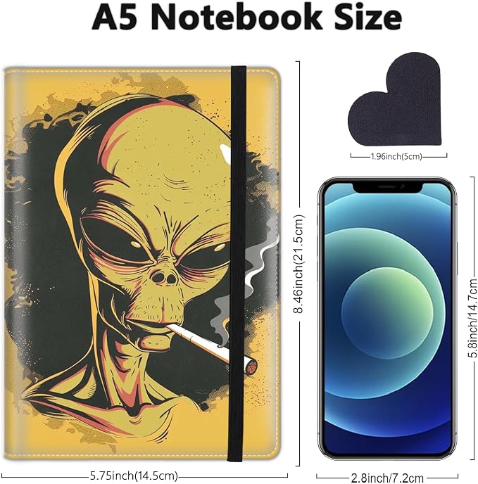 A5 Leather Lined Journal Notebook, 200 Pages Hardcover Executive Notebook for Office School Note Taking, Thick Writing Paper Daily Journal with Bookmarks/Indexes,Weed Smoking Space Alien