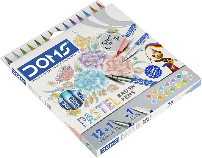 Doms Super Soft Tip Pastel Shades Brush Pen Set | 12 Pastel + 1 Silver + 1 Blender | Ideal for Doodling, Illustrations, Calligraphy, Artists & Professionals | Pack of 1