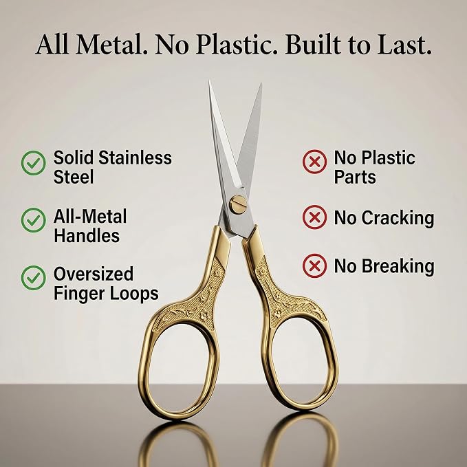 Small Gold Scissors, 5 Inch Vintage Precision Scissors, Ultra Sharp Blade Shears for Office, Home, School, Sewing, Fabric Craft, Hair Trimming, Facial & Beard Grooming