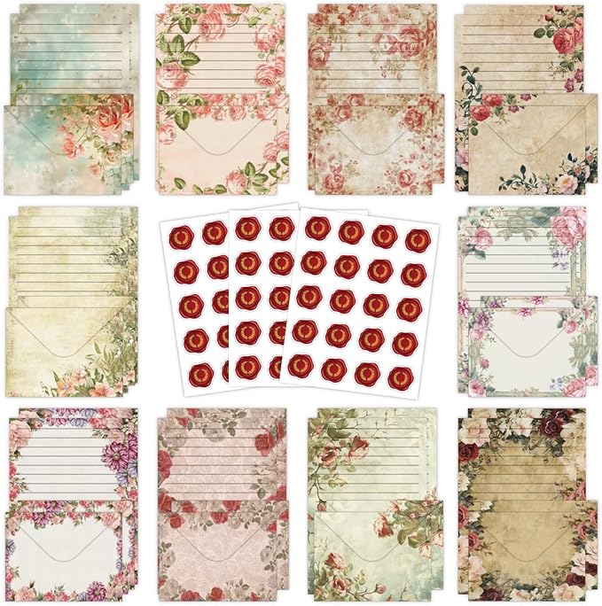 FUNCLASS 160 Pcs Vintage Floral Stationery Set Letter and Envelopes | 50 Lined Stationery Paper and 50 Matching Envelopes , 5.5 x 8.25 Inches Letter Writing Stationery for Home, Office, School