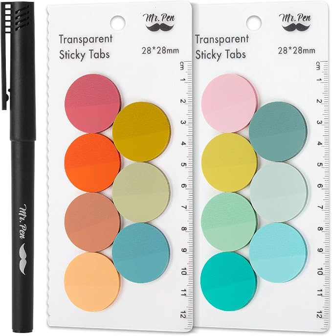 Mr. Pen- Round Transparent Sticky Notes, 1.1” Diameter, 14 Pads, 560 Sheets | Colorful, Water-Resistant See-Through Sticky Notes & Fineliner, Smooth Writing, Note Tabs for Bible Journaling, Studying