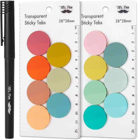Mr. Pen- Round Transparent Sticky Notes, 1.1” Diameter, 14 Pads, 560 Sheets | Colorful, Water-Resistant See-Through Sticky Notes & Fineliner, Smooth Writing, Note Tabs for Bible Journaling, Studying
