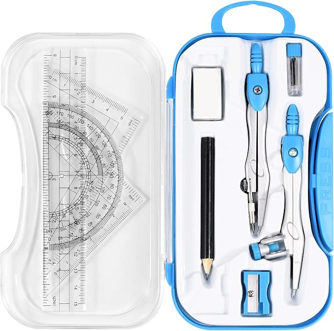 Unjoo Geometry Set 10 Pcs Student Supplies, Protractor and Compass (Blue） | Shatterproof Storage Box,Rulers,Protractor,Compass,Eraser,Pencil Sharpener,Lead Refills,Pencil,for Classroom, Back to School