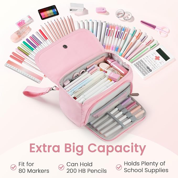Sooez Super Large Pencil Case, Big Capacity Pencil Bag with 3 Compartments, can hold 100 pencils, Cute Pencil Pouch with Zipper, Portable Stationery Pen Bag, School Supplies For Teen Girl, Sky Blue