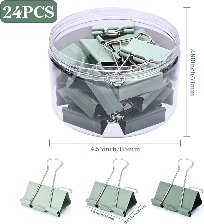 Temiary Aesthetic Binder Clips, Large Metal Binder Clip with Clear Storage Container, Binding Paperwork Clamps for School Teachers Office Supplies (Green 1.6 Inch, 24P)