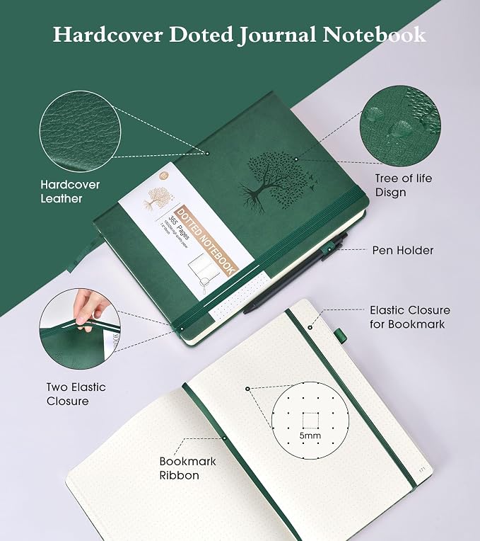 Ansopu Dotted Journal Notebook, 360 Numbered Pages Bullet Dot Journals,100gsm Dot Paper Thick Hardcover Leather Journal for Writing Women Men, B5 Big Dotted Grid Notebooks for Work School Green