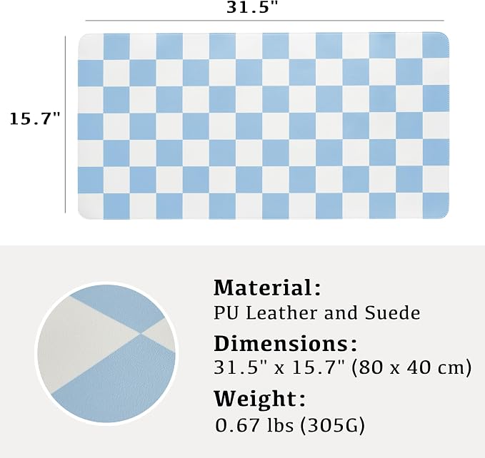 Ohocut Checkered Desk Mat, 31.5" x 15.7" Large Cute Sky Blue Aesthetic Retro Accessories, PU Leather Computer Laptop Desk Mat Mouse Keyboard Pad, Desk Writing Makeup Mat for Vanity/Work/Home Decor