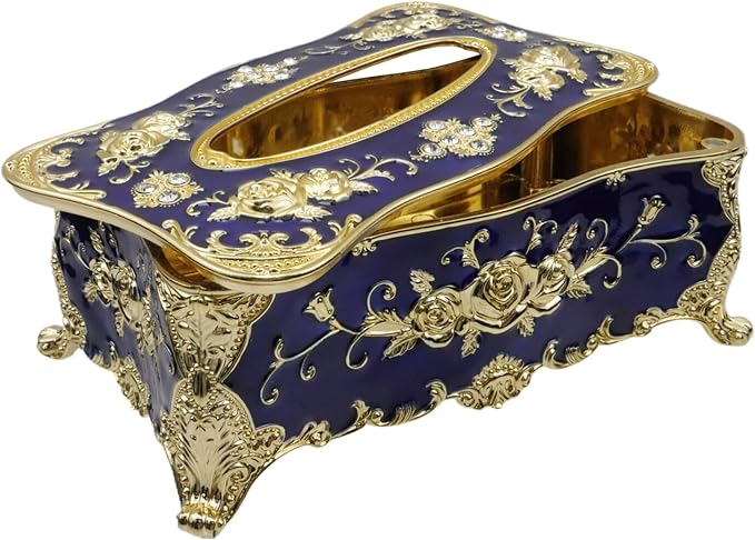 Luxurious Rose Tissue Box with Imitation Diamonds,Gold Blue | Embossed Flowers，9.45"x5.43"x3.94"，Elegant Tissue Paper Holders，for Home Toilet Bath Hotel
