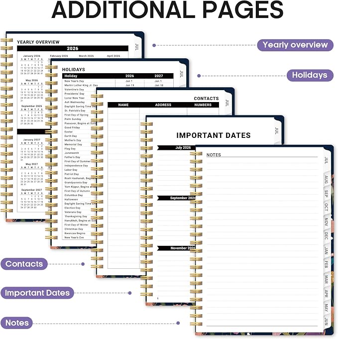 Planner 2026-2027, Academic Year Monthly and Weekly Calendar Planner, Jul 2026 - Jun 2027, Hardcover Teacher Student Planning Agenda book with Tabs, Perfect for School Office Supplies, 6.3" x 8.5" - Ink Blossoms
