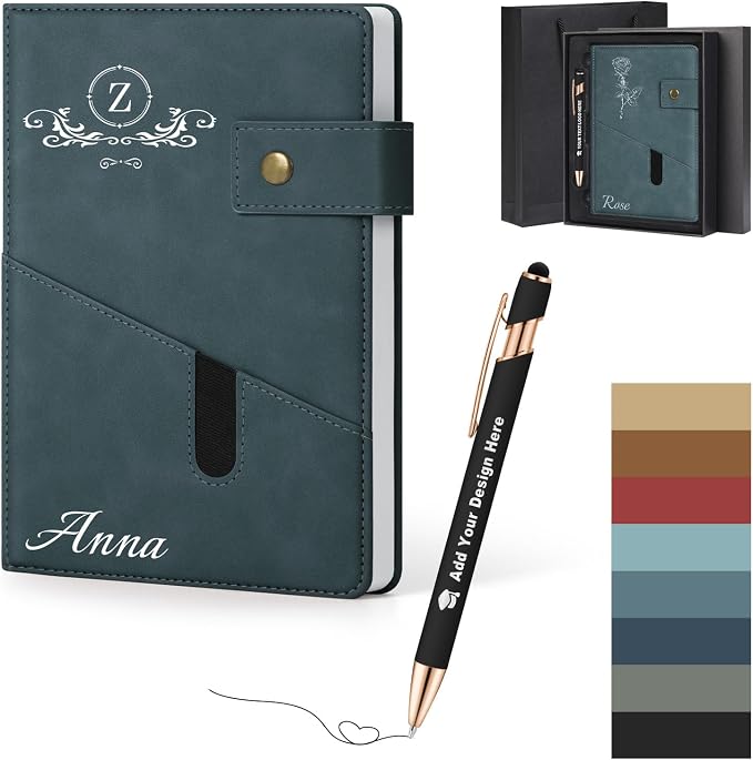 ENOMY Personalized A5 Journal Gift Set with Custom Pen PU Leather Notebook Box, Gray blue