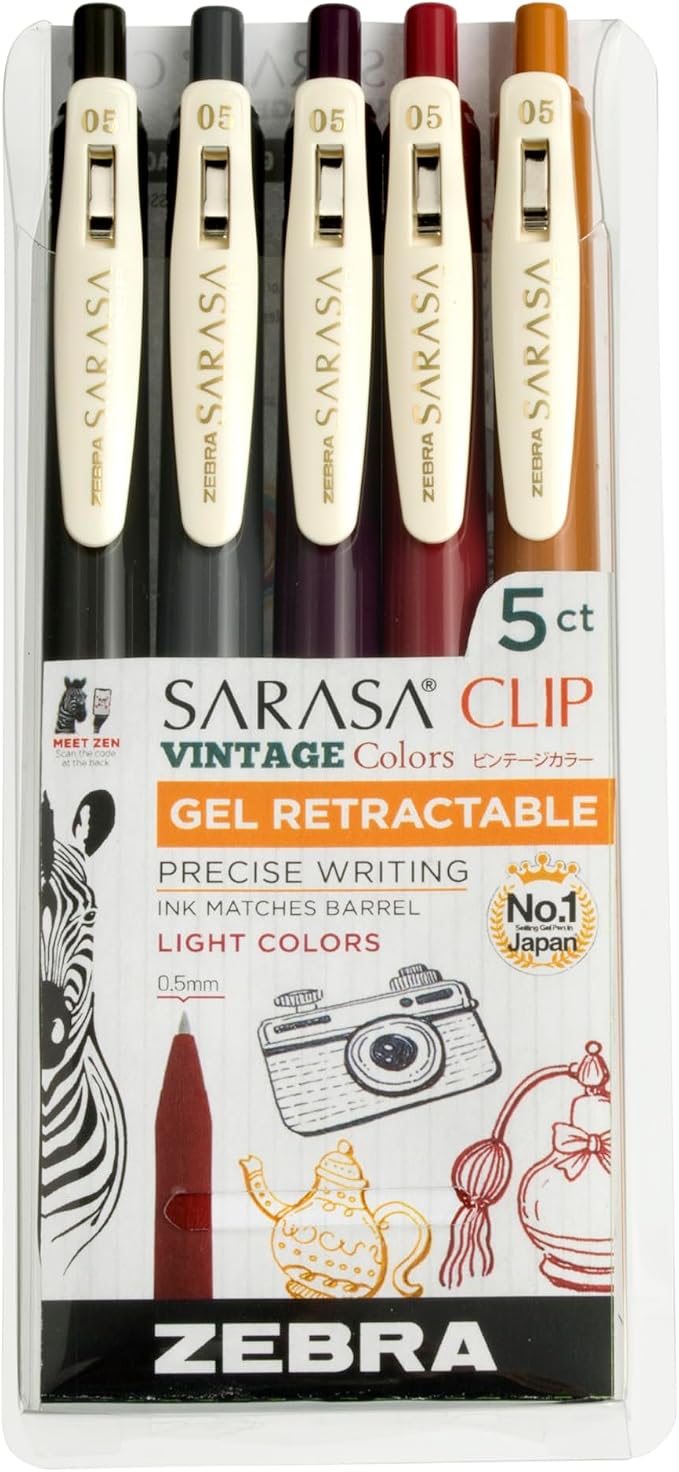 Zebra Pen SARASA Clip Retractable Gel Pen, Assorted Vintage Dark Ink, 5-Pk