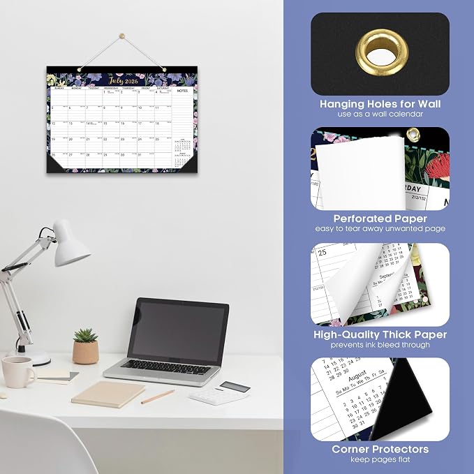3 Pack of Desk Calendar 2026-2027, 18-Month Calendar Runs from July 2026 to December 2027, Large 17" x 12" Monthly Desktop & Wall Calendar for Home & Office - Midnight Garden